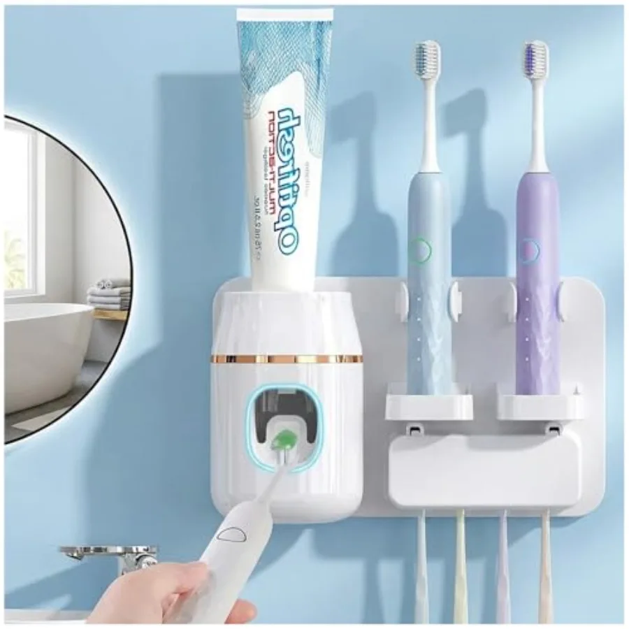 

Wall Mounted Toothbrush Holder with Automatic Toothpaste Dispenser No Drill Bathroom Organizer White