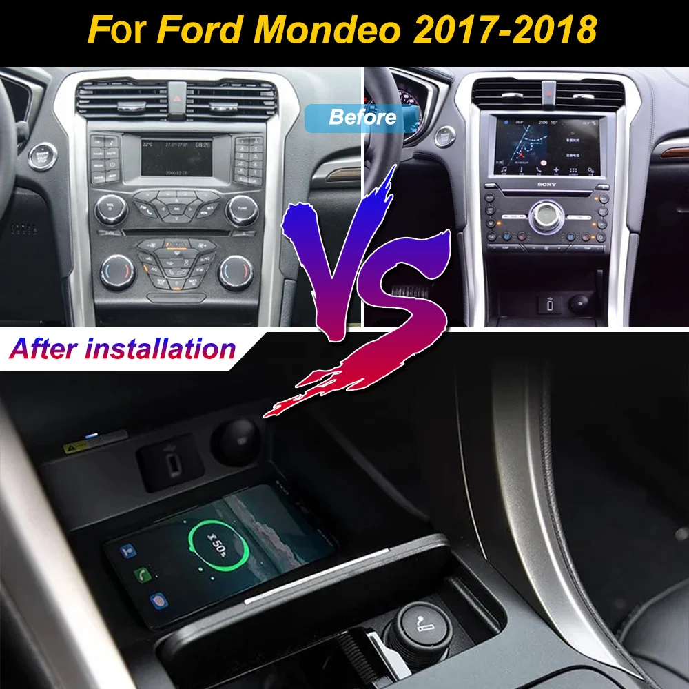 

2 DIN for Ford Mondeo 2017-2018 Car Wireless Mobile Phone Charger Center Console Storage 18W iPhone fast charge plate holder