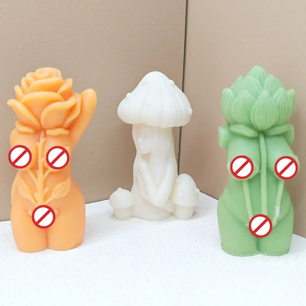 Mushroon Long Hair Woman Candle Soap Mould Romantic Rose Human Body Sketch Plaster Silicone Mold DIY Lotus Flower Heaf Art Decor