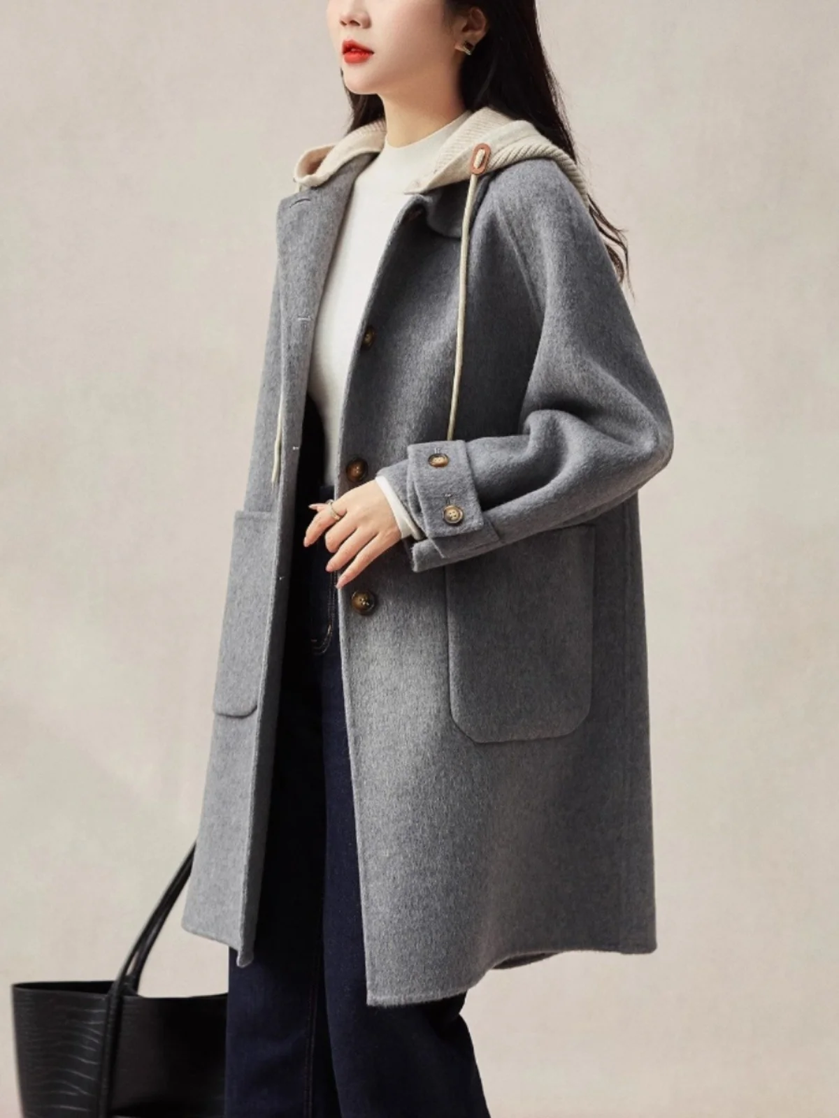 

Двустороннее пальто Camere с капюшоном, женское корейское шерстяное пальто средней длины, верхняя одежда на пуговицах, длинное...