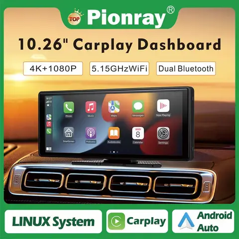 Pionray 10.26 pollici portatile 4K DVR per auto Wireless Carplay e Android Auto GPS Navigazione Videoregistratore Cruscotto Doppia lente Wifi FM
