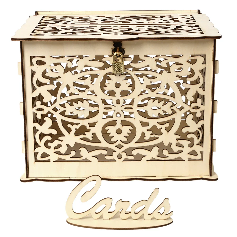Wooden Wedding Card Box Wedding Decoration Supplies DIY Mr&Mrs Couple Flower Pattern Envelope Sign Cards Wood Box — zdjęcie 5
