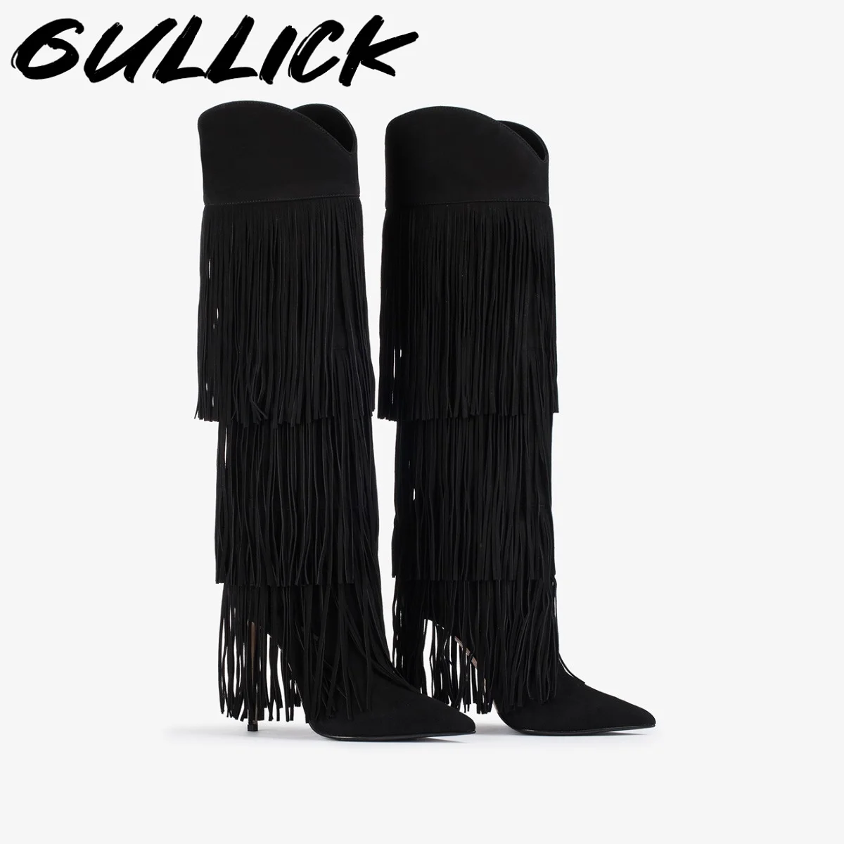 البني شرابة حذاء برقبة للركبة أشار تو بوتاس النساء الفاخرة أحذية مصممين الخريف الشتاء 2025 خنجر أسود Zapatos De Mujer