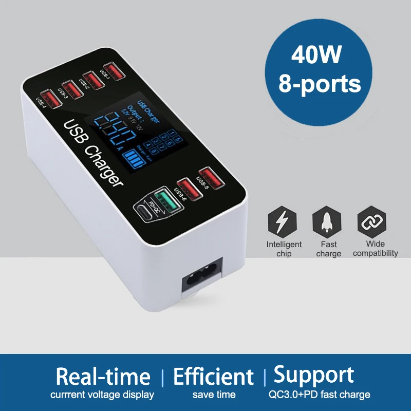 

40W Quick Charge QC3.0 Fast Charging Adapter 8 ports Type C PD20W USB Charger Station Phone Tablets Destop Smart Display Charger