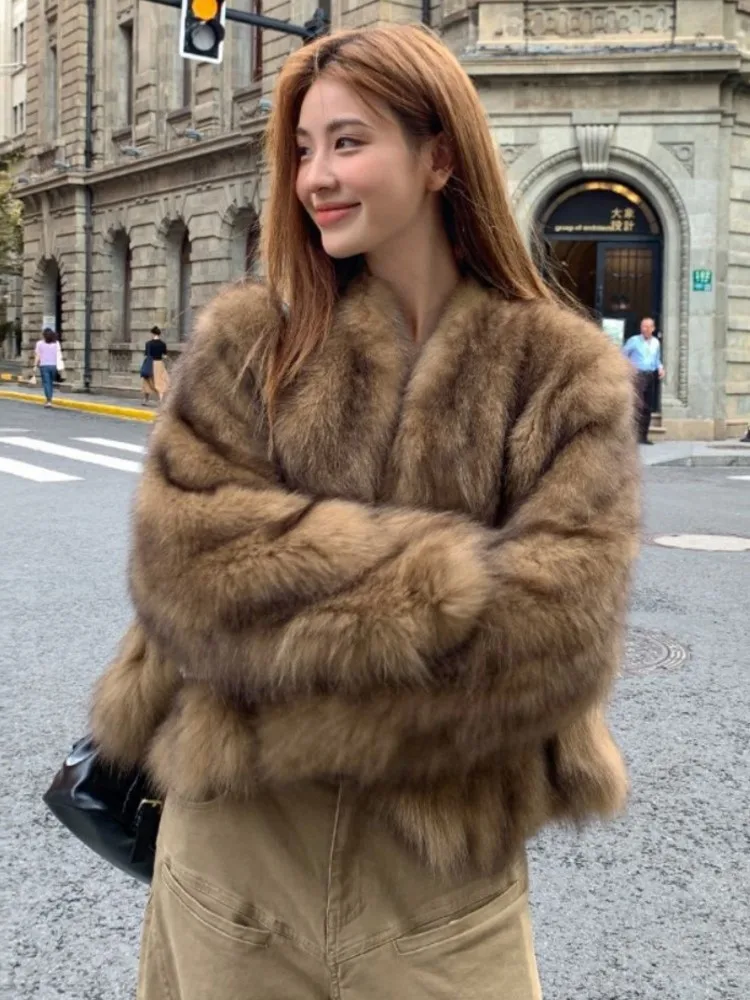 

Womens Fashion Casual Faux Fur Cardigan Solid Brown Fur Medium Long Round Collar Coat Chic Korean Warm Version of Jacket Winter