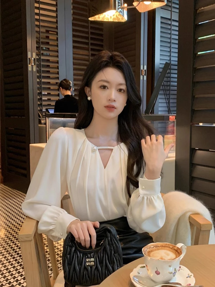 

Elegant Long Sleeve Satin Drape Shirt Women's Unique Korean Style Spring Autumn Top Luxury Atmosphere Office Commute Fashion
