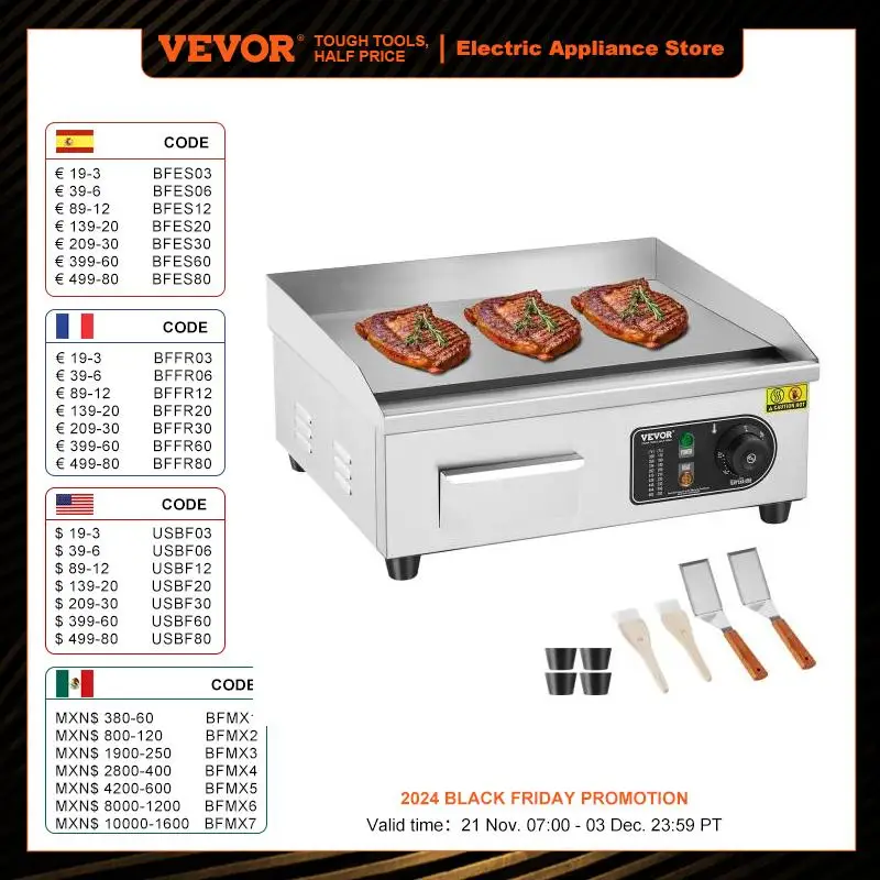 VEVOR Commercial Electric Griddle 1700W Countertop Flat Top Grill 122℉-572 ℉ Adjustable Temprature Stainless Steel Griddle Grill