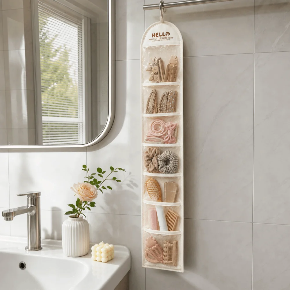 Space Saving Behind Door Hanging Bag 7 Grid Multi-Pocket Socks Storage Bag Mesh Wall-mounted Hair Accessory Bag Bedroom