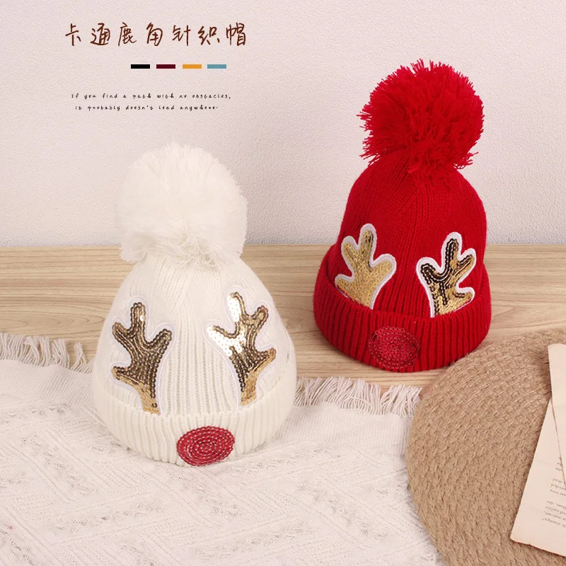 Cartoon Sequined Antler Children's Knitted Hat Korean Version Cute Christmas Antler Baby Wool Hat