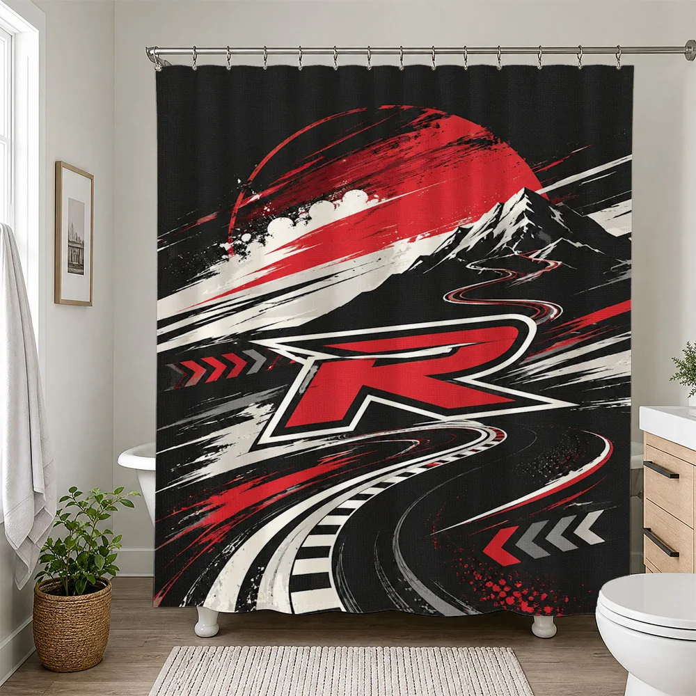 Vivid Red and Black Racing Stripe Shower Curtain for Bathroom Home Decor Modern Sporty Style