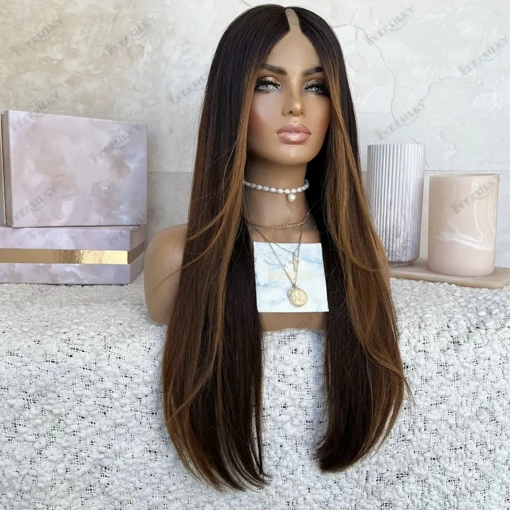 Honey Brown Highlight U Part Wig Human Hair Wigs Long  Straight Adjustables Omber Brown Glueless 1*4 Size V Part Wig Indian Hair