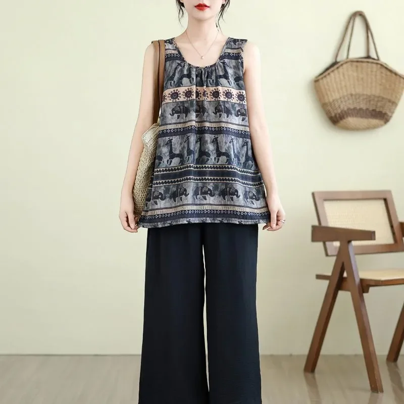 Nuevo chaleco sin mangas con cuello redondo a la moda, camisetas holgadas informales con estampado Retro para mujer, camisetas sin mangas con parte inferior