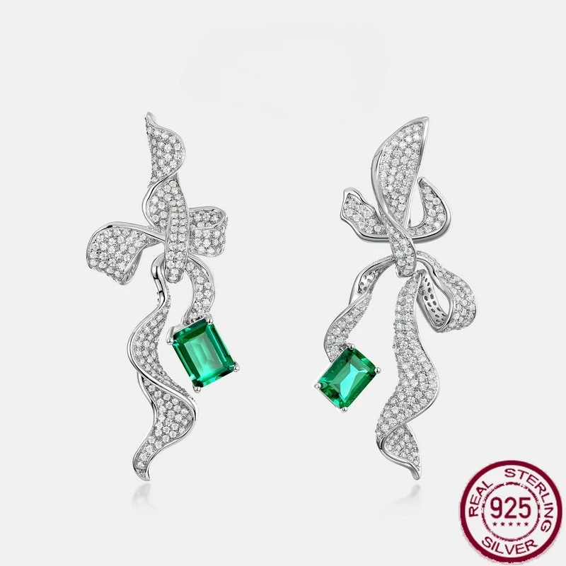 

New S925 sterling silver bow long style cultivated emerald earrings European and American light luxury wedding jewelry