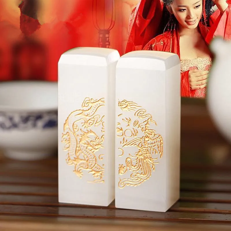 Jade seal for newlyweds, jade couple name seal, white jade dragon and phoenix seal, ancient style Qixi Festival wedding gift for