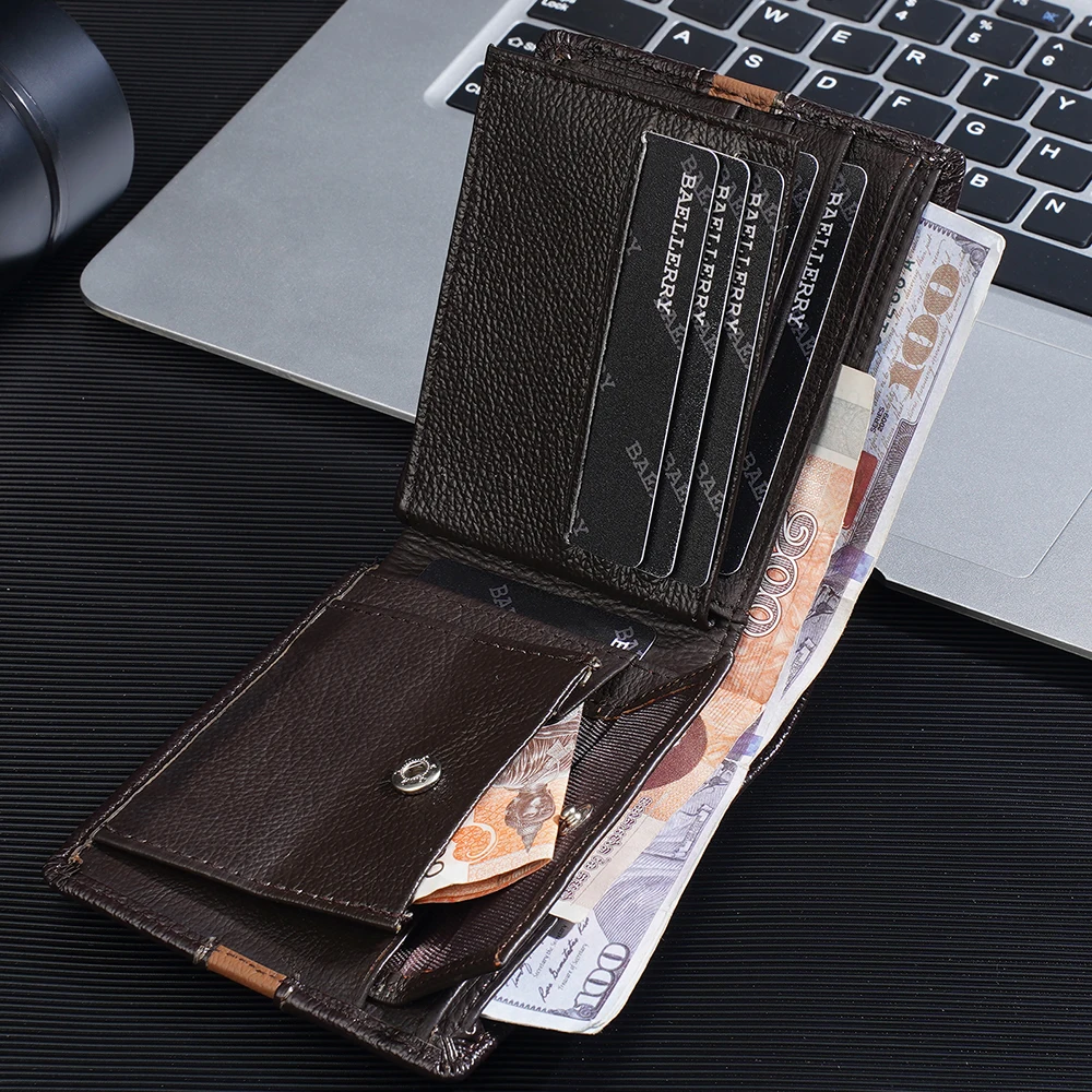 

New Short Men Wallets High Quality Genuine Leather Card Clips Retro Male Coin Purse Photo Holder Men Money Clips