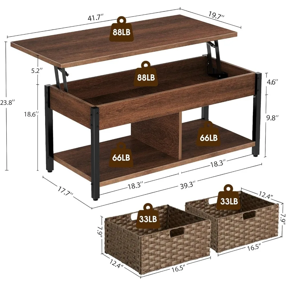 Table basse avec compartiment de rangement GNE et 2 paniers en rotin, table centrale rétro avec élévateur en bois et métal, 41.7 po