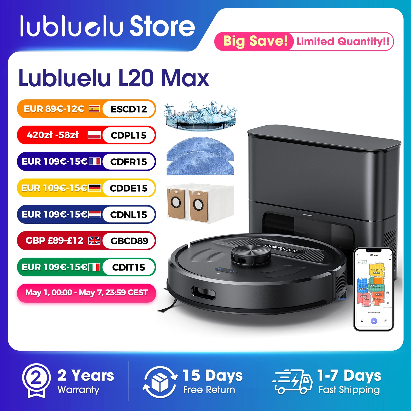Lubluelu L20Max Selbstentleerender 3-in-1-Roboter-Staubsauger – 6000 Pa Saugleistung, LiDAR-Navigation, großer Staubbeutel, freihändig, 120 Minuten Laufzeit