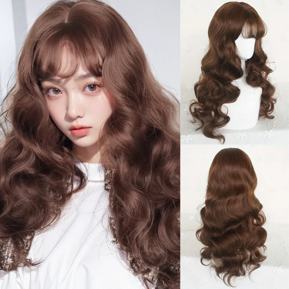 

Long Wavy Brown Wig With Bangs Synthetic Women Lolita Style Cosplay Fluffy Heat Resistant Hair Wig For Daily Party