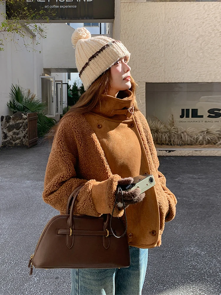 Thiened ort Lamb Fur Jaet Women's Stand Collar Leather And Fur Inteated Autumn And Winter New Sle Small Size Warm Top