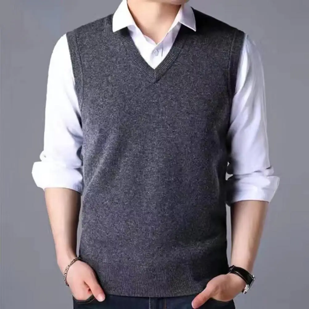 

Knitted Vest Versatile Mid-aged Men's V-neck Knitted Sweater Vest Slim Fit Sleeveless Pullover with Ribbed Cuffs Spring Autumn