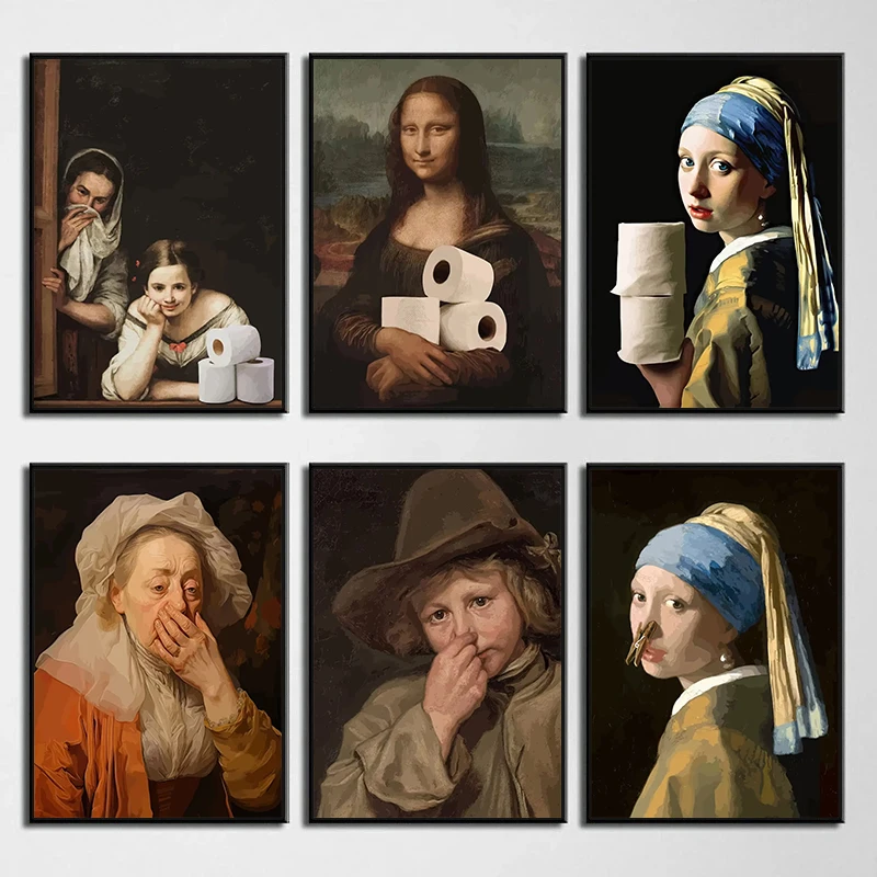 1pc frameless Canvas Painting Funny Bathroom Toilet Decoration Painting Mona Lisa Wearing Pearls Girl with Roll Paper Canvas Pri