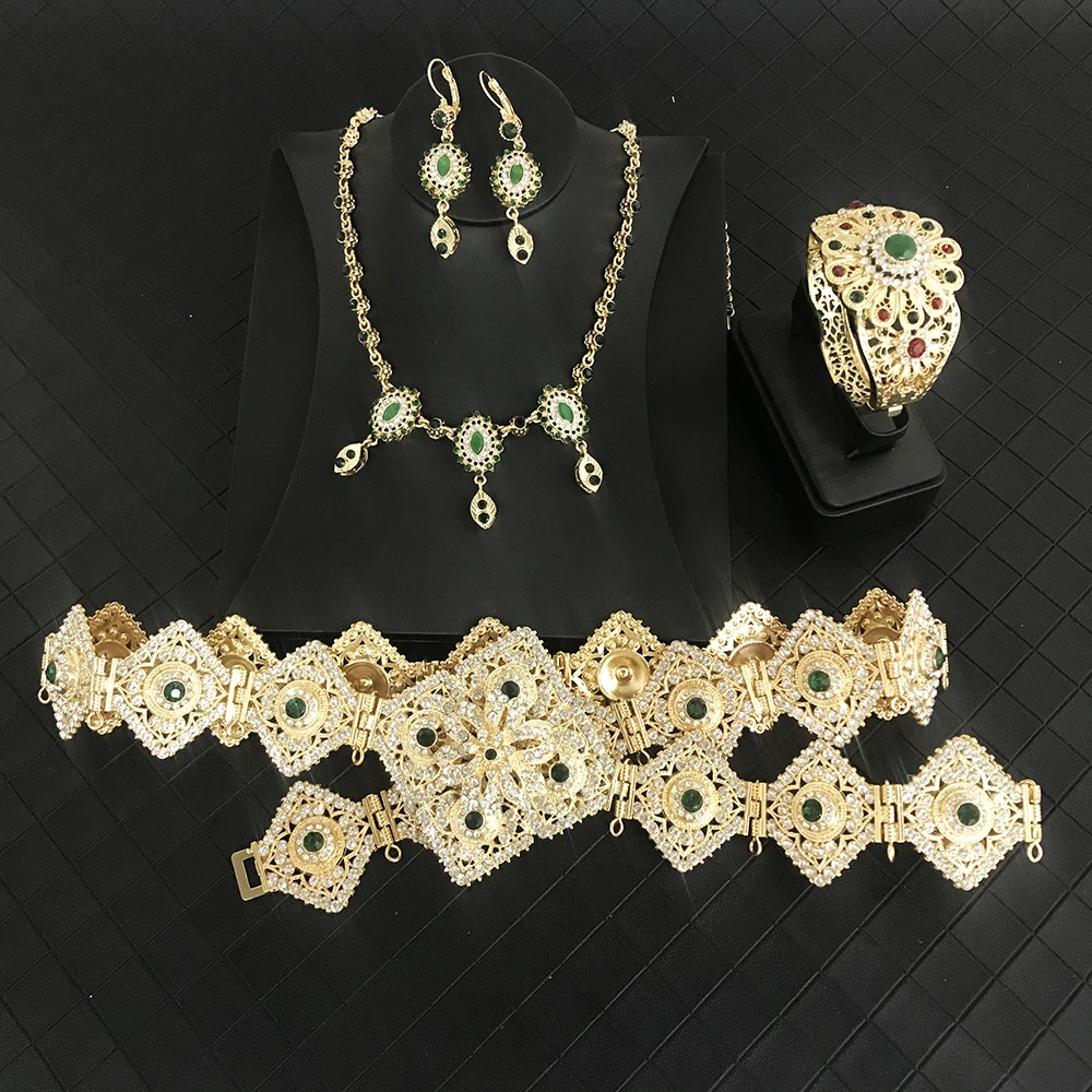 

Morocco Bride Jewelry Set Metal Crystal Belt Hair Chain Earring Bracelet Set Woman Wedding Dress Waist Chain Accessories