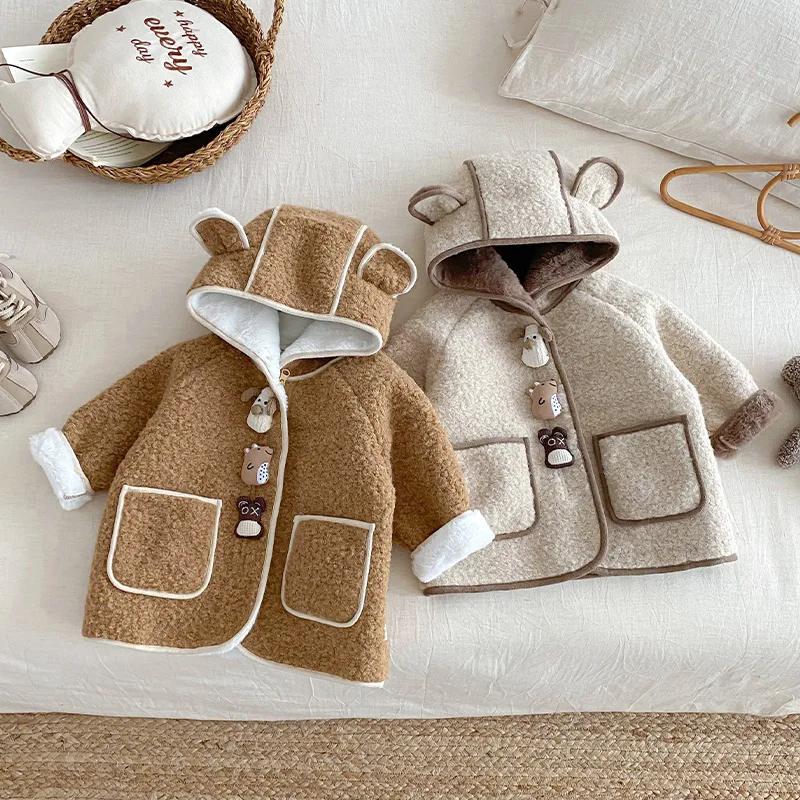 Children's Woolen Coat 2025 Winter New Plus Velvet Boy's Hooded Coat Thickened Warm Jackets 0-5Year Baby Outerwear