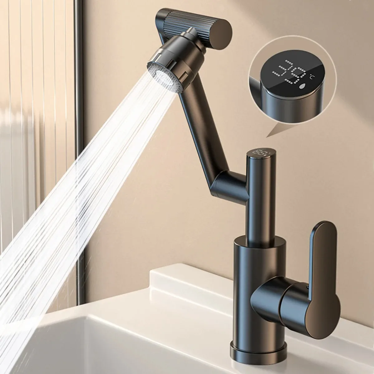 

Digital Display LED Basin Faucet 360 Rotation Multi-function Stream Sprayer Hot Cold Water Sink Mixer Wash Tap For Bathroom