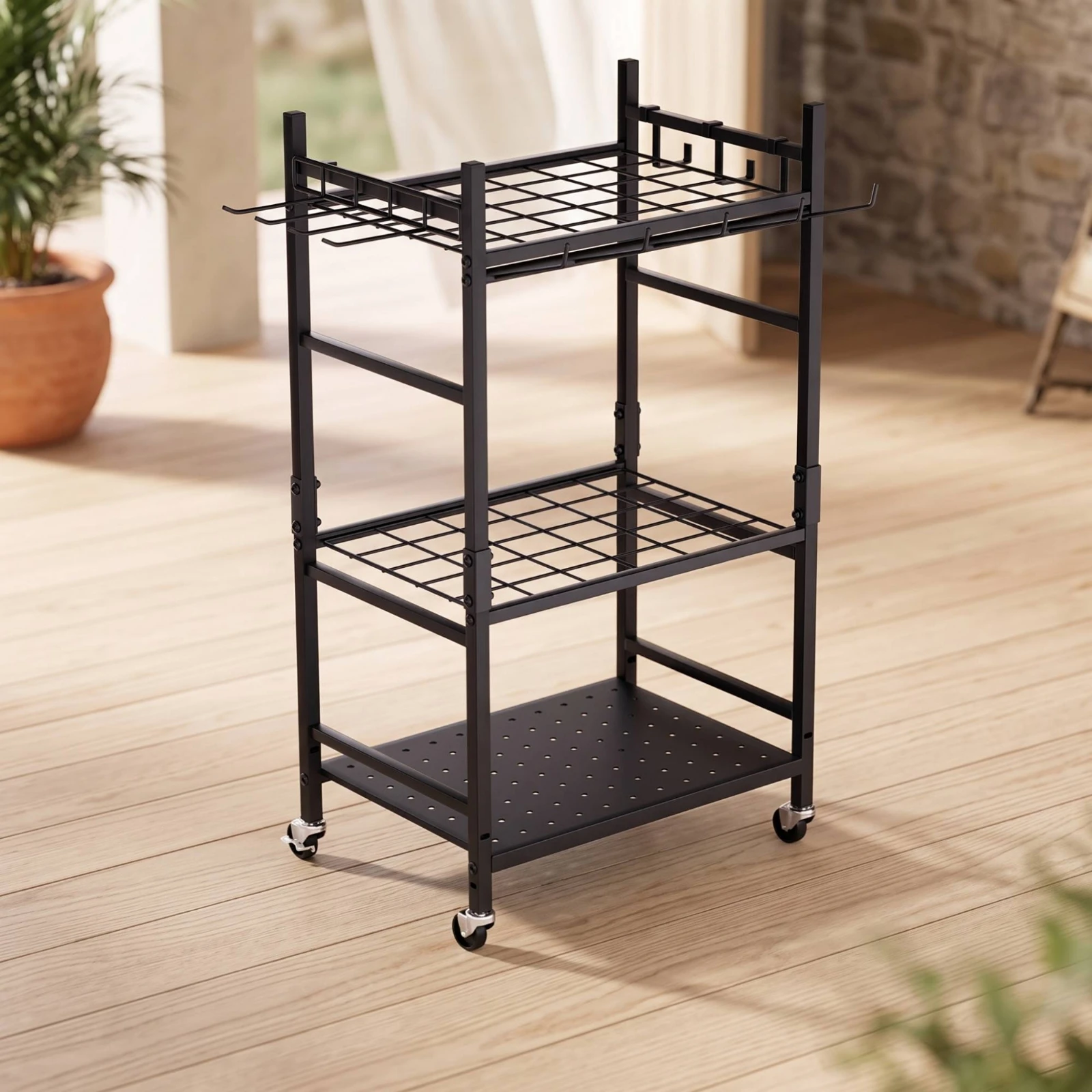 Garden Tool Organizer with Wheels 3-Tier Yard Tool Rack with Wheels Floor-Standing Mobile for Gardeners, Garage