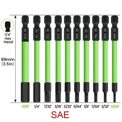 10Pcs Hex Bit Set 89mm/10mm SAE Metric Allen Screwdriver Bits 1/4 Inch Magnetic Hex Head Allen Wrench Drill Bits
