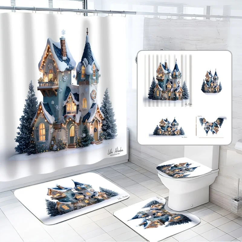 

4pcs Christmas Bathroom Set with Hooks, Polyester Fabric, Includes Non-Slip Mat and Decorative Bathtub Curtain Partition for