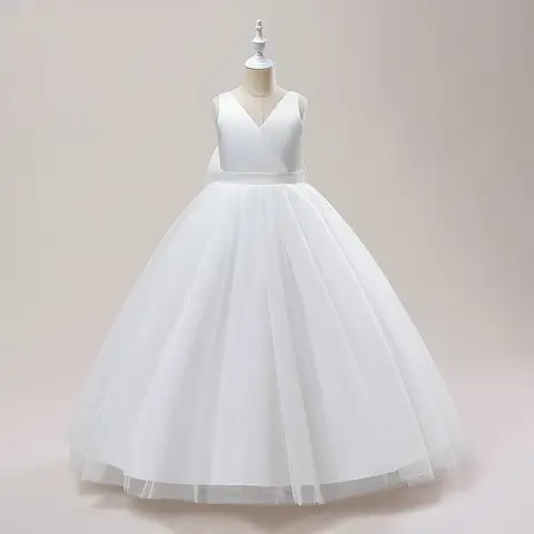 Flicka Långa Vita Brudtärneklänningar Till Bröllop Balklänning Stor Rosett Flickors Festklänning Barn Första Kommunion Formell Kväll Vestidos 8 best sales födelsedagsklänning för 11 år - №7