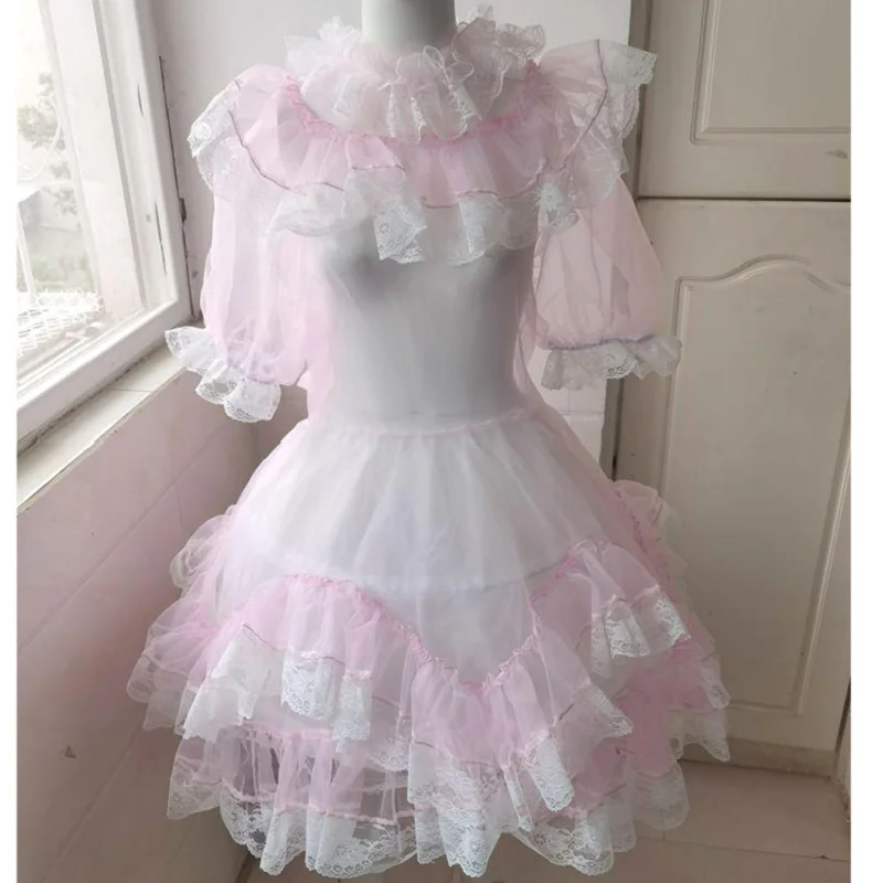 Adult Giant Baby Sexy Girl Pink Thin Half Through Sissy Organza Dress Japanese maid Role Playing Nightgown Lockable
