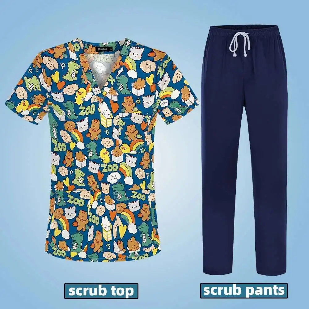 

Animal Print Surgery Scrubs Tops Grooming Beauty Salon Work Clothing Pet Cic Veterinary Health Check Uniforms