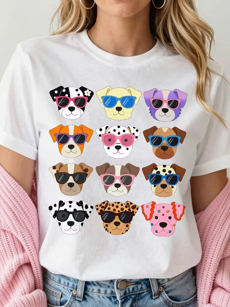 Cartoon Dogs With Sunglasses Print T-shirt Colorful Grid Dog Faces Graphic Short Sleeve Tops Spring Summer Outdoor Street Tee