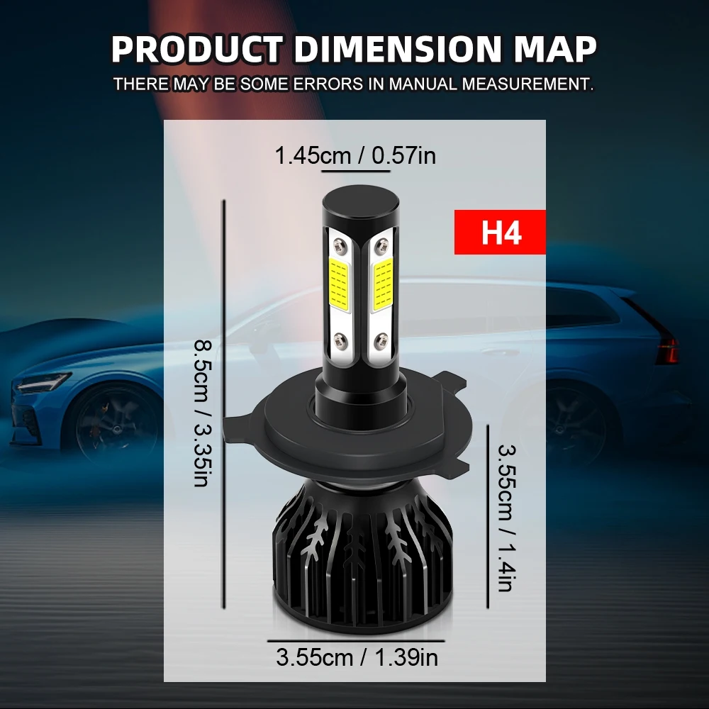 LED Headlamp H4 25000LM 200W H4 9003 HB2 Hi/Lo Beams Car Fog Lamp Bulb 6000K 8000K 12V 4-Sided LED COB Chip 360 Degree Lighting