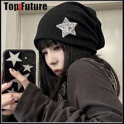 Japanese Harajuku Kawaii Black Star Bling Bling Cross Hats For Women Girl Winter Warm Streetwear Gothic Lolita Caps