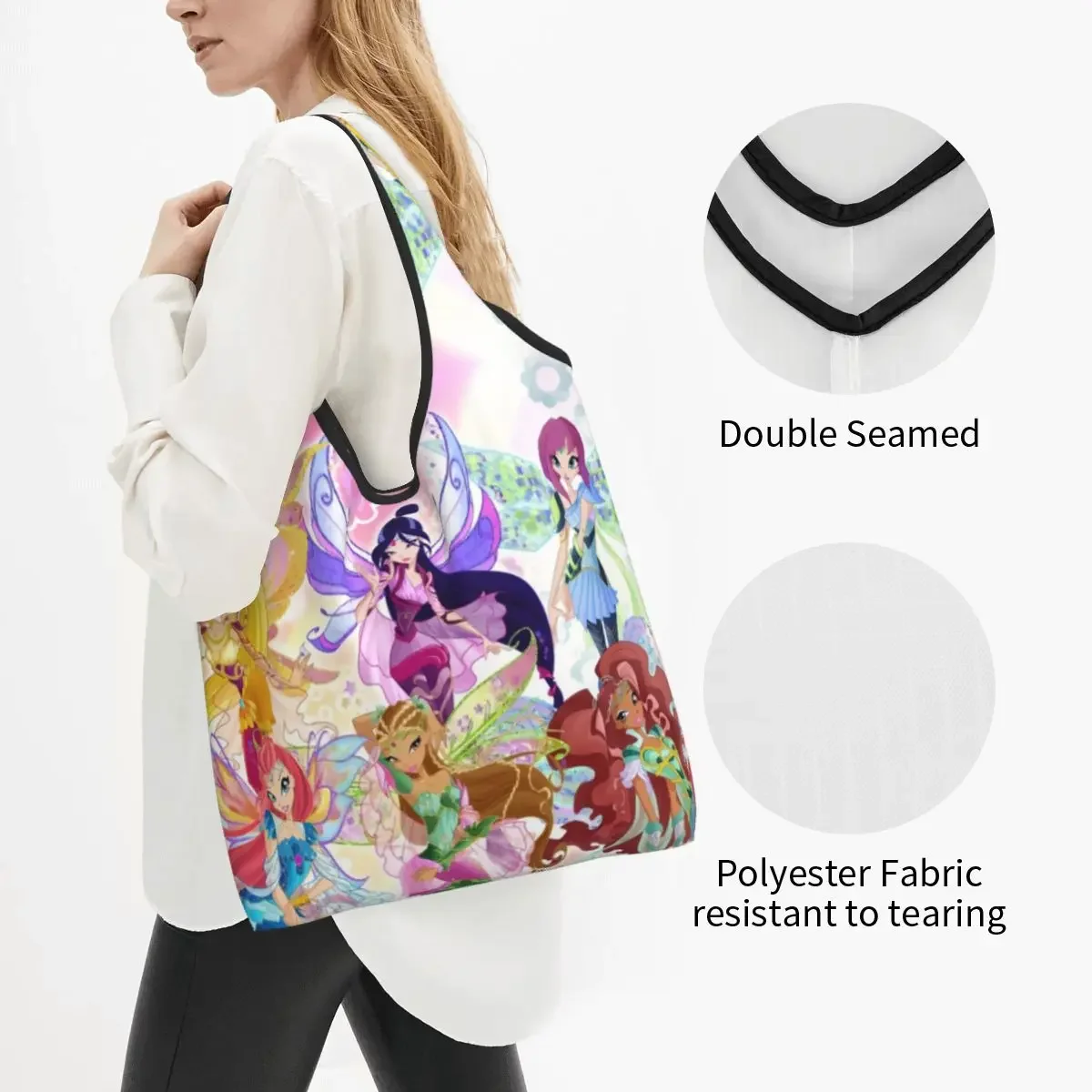 Custom Recycling Anime Winx Club Shopping Bag Women Tote Bag Portable Groceries Shopper Bags