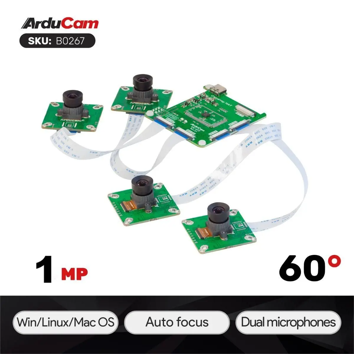 Arducam 1MP*4 Quadrascopic Monochrome Camera Bundle Kit for Raspberry Pi, Four OV9281 Global Shutter Camera Modules and Camarray