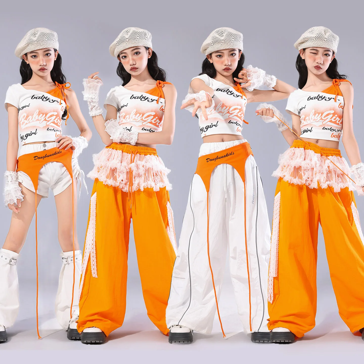 

Modern Jazz Dance Clothes For Girls White Navel Tops Orange Pants Hip Hop Street Dance Performance Practice Clothing Suit
