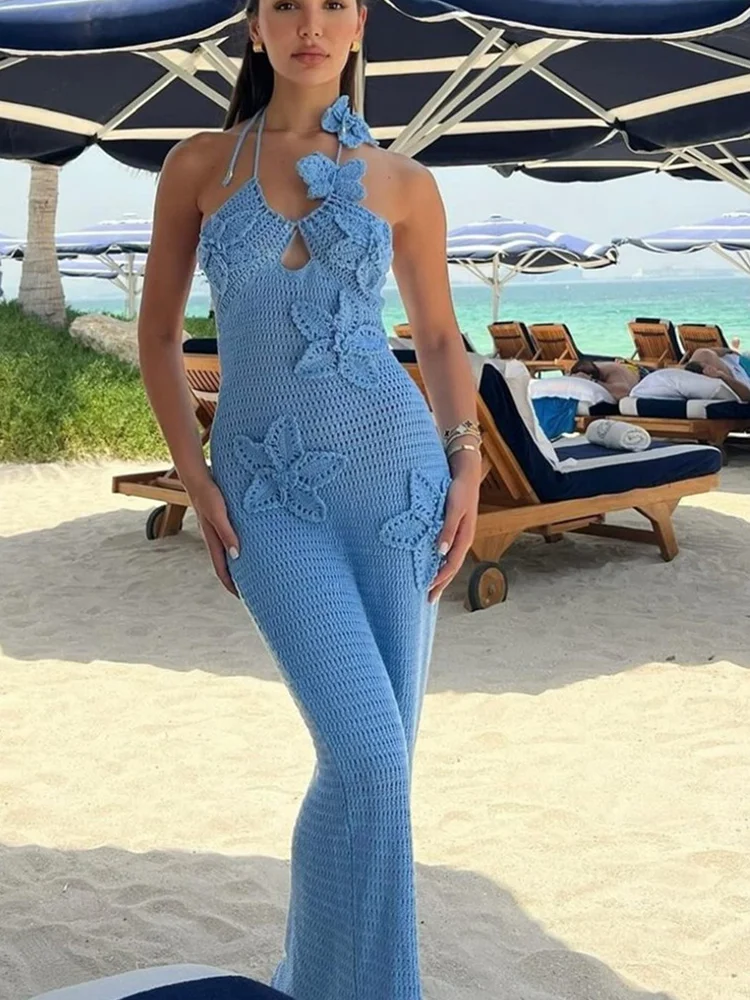 Nibber Appliques Halter Sexy Dress Women Shirring Knit See Through Elegant Beach Vacation Summer Trend Clubwear Long Bodycon