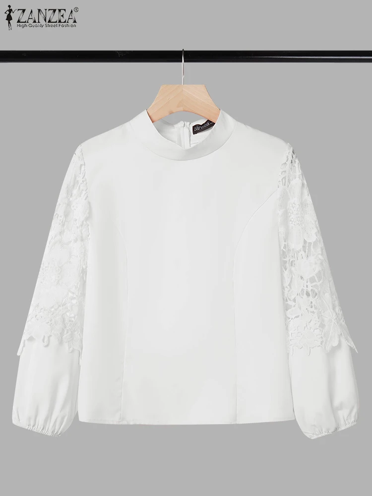 ZANZEA, Blusas elegantes de retazos de encaje para Mujer, Blusas transparentes de manga larga con cuello levantado para verano 2025, Tops informales de Color sólido para Mujer