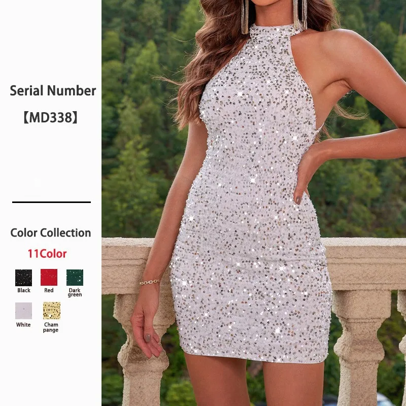 

Elegant Evening Dress Prom Halter Neck Sleeveless High Waist Open Back Dress Sequin Mini Backless Sparkly Party Dress Women's