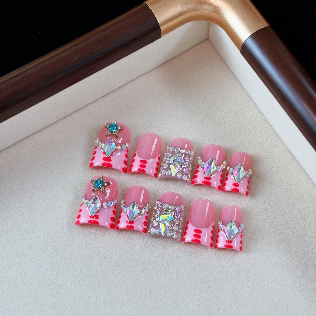 10pcs High-end Sweet and cool style, hand-painted spot patterns, five-pointed star diamonds, stacked diamonds handmade fake nail