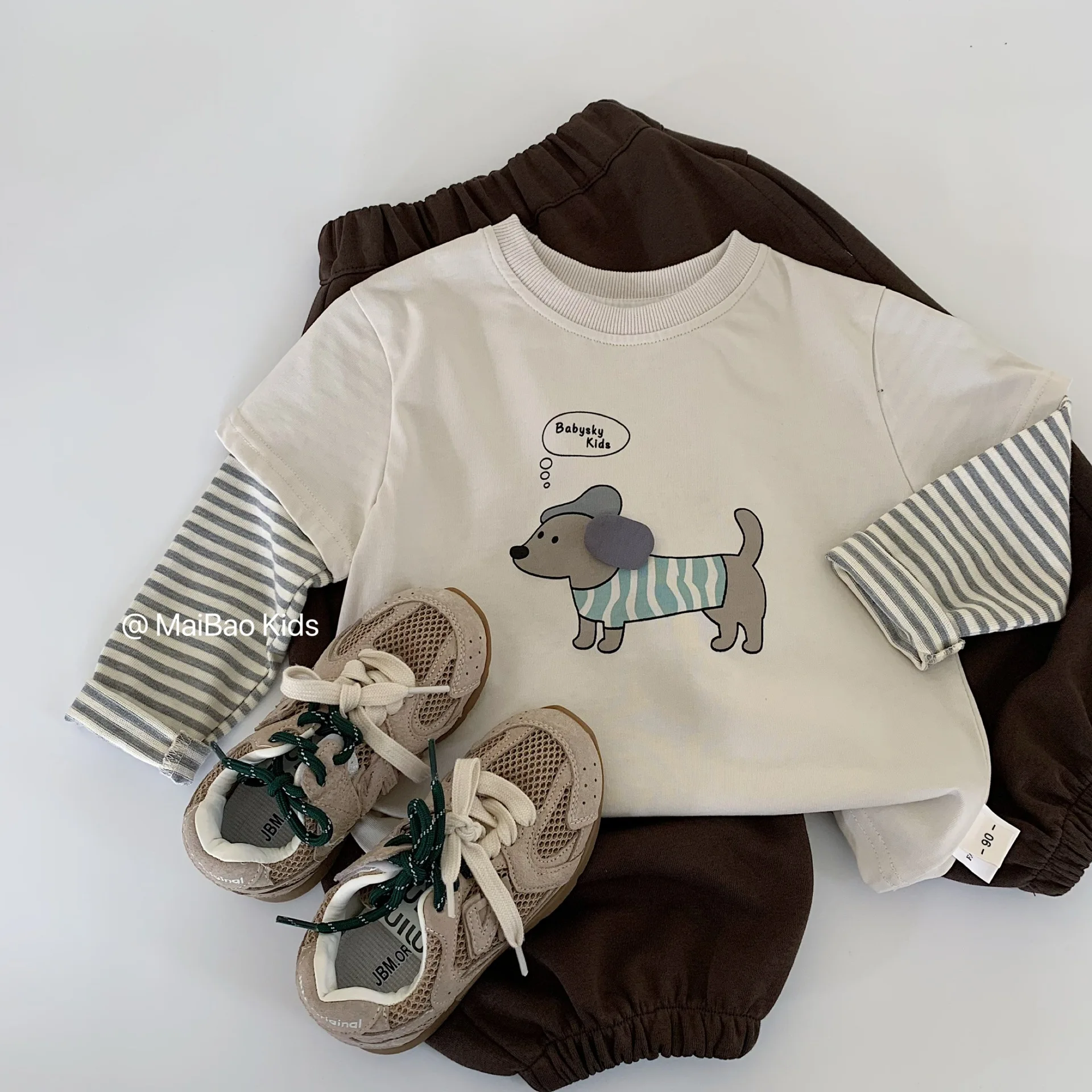 

Футболка, осенняя новая корейская футболка для мальчиков, детский полосатый пуловер из двух предметов с героями мультфильмов, базовая рубашка, модная, универсальная, модная