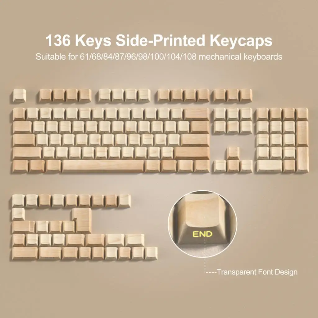 

136 Keys Dye Sub Shine Through Wood Keycaps Cherry Profile Double Shot Side Printed Keycaps for Cherry MX Swich Gamer Keyboards