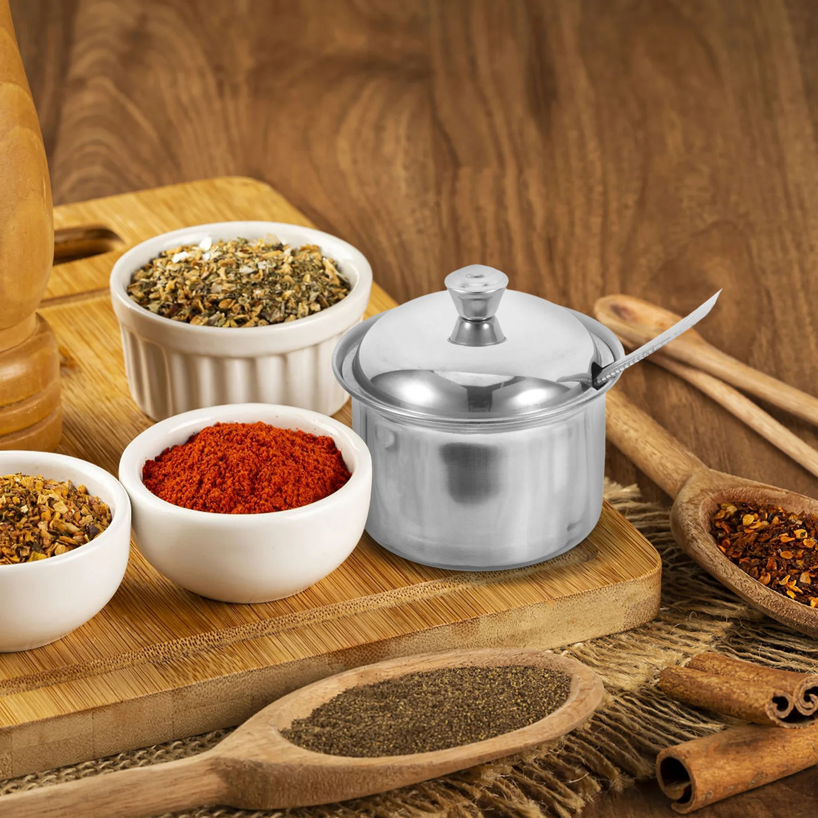 

Airtight Stainless Steel Condiment Jar with Spoon Included Lid for Sugar Salt Soy Sauce Spice Jar Home Professional Kitchen