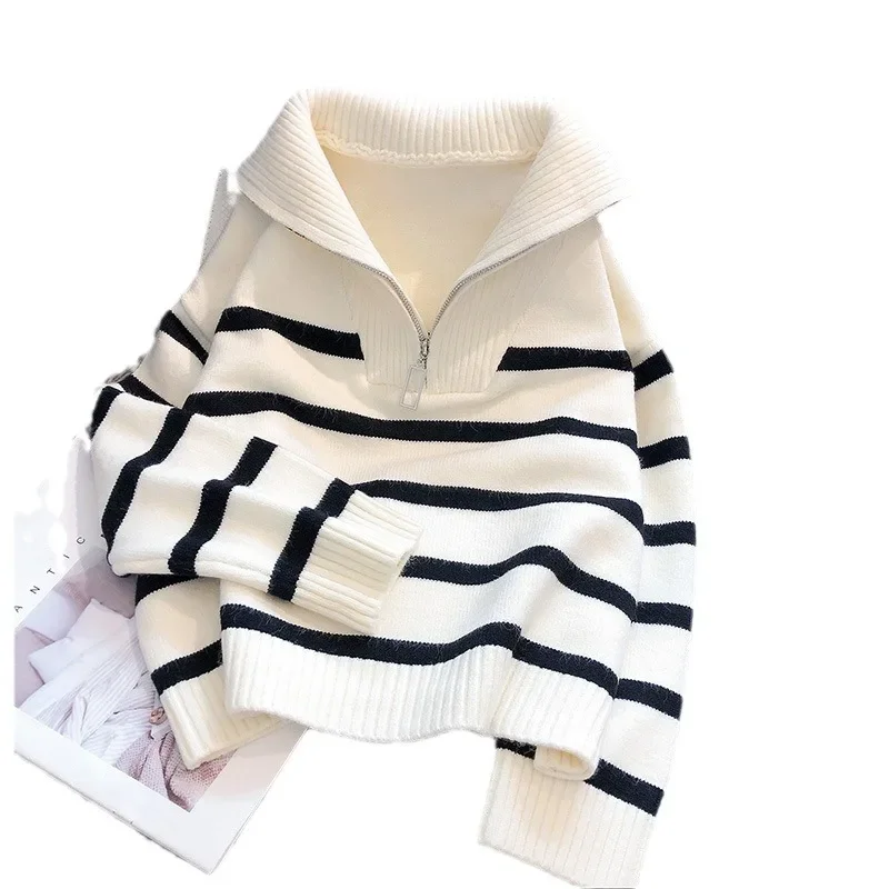 Sweater pullover women Spring and Autumn  New zipper stripe underlay short style popular premium sweater