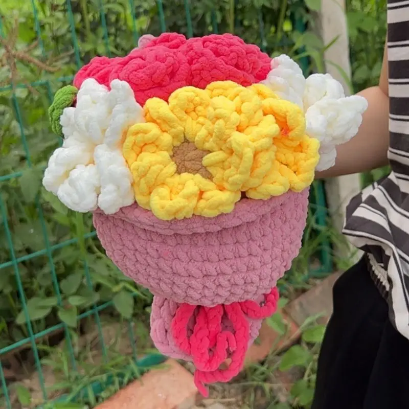 

Handmade Crochet Bouquet Gift - Ice Yarn Rose & Sunflower Bundle for Girlfriend Bestie, DIY Knit Craft Present