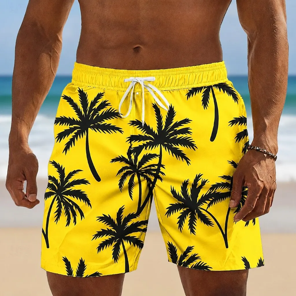 Shorts masculinos com estampa tropical de coqueiro, cintura média com cordão elástico e bolsos laterais para uso em férias na praia havaiana no verão
